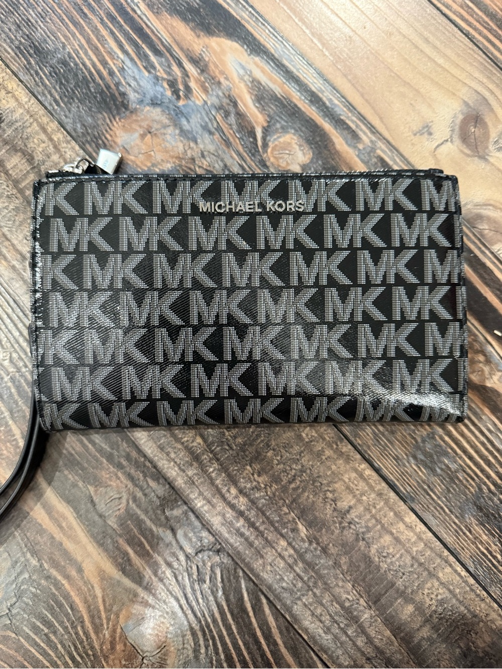 Michael Kors Black and Silver MK Logo Wristlet Wallet
